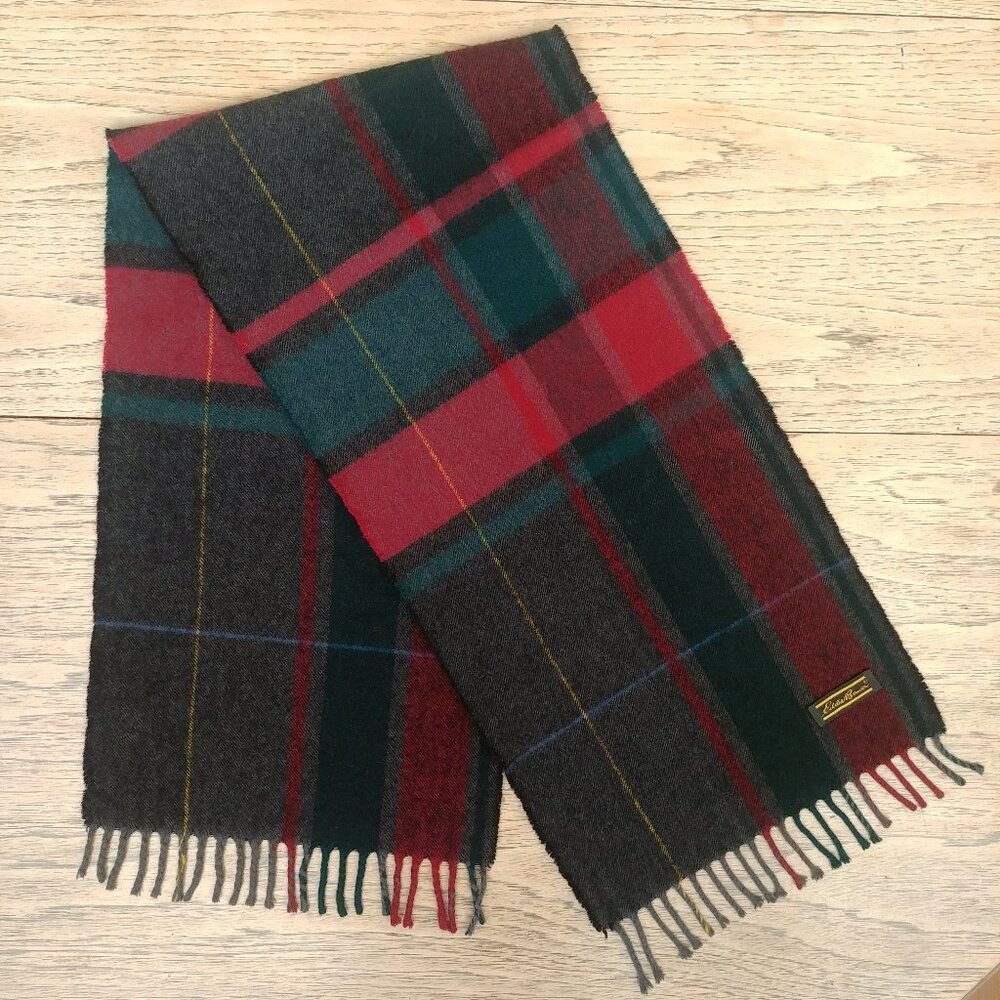 Eddie Bauer red green gray wool plaid scarf with fringe
